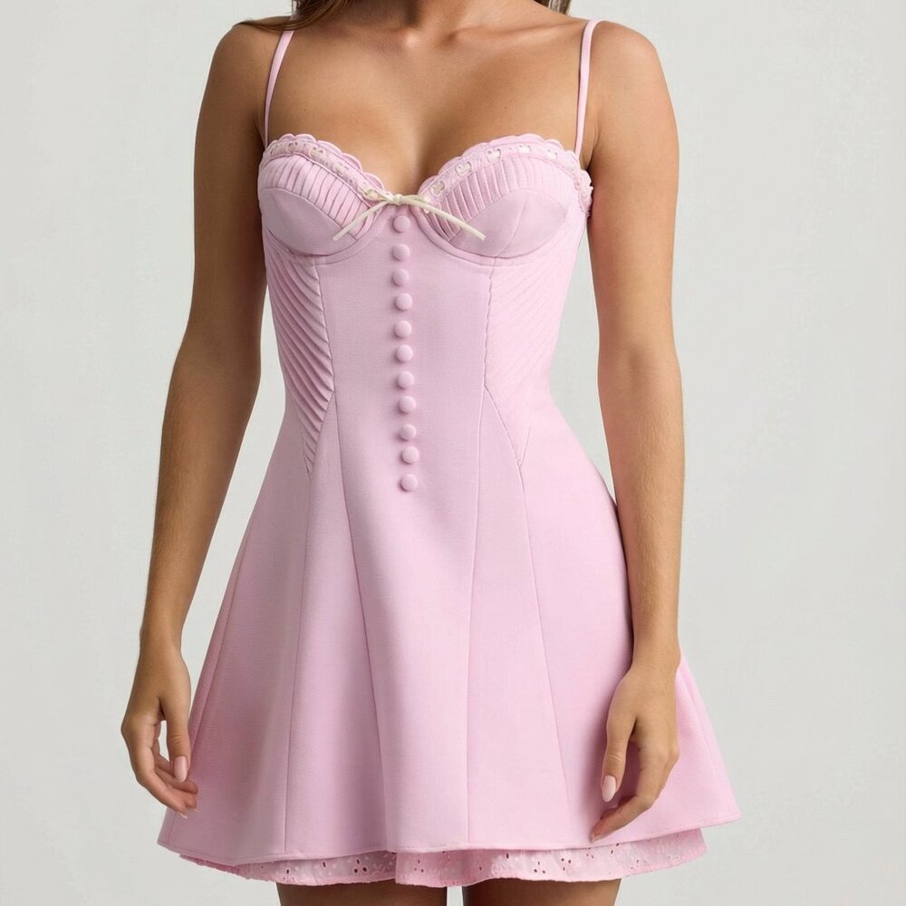 Oh Polly Bow-Detail Scalloped A-Line Mini Dress in Soft Pink 4 / Plus Cup